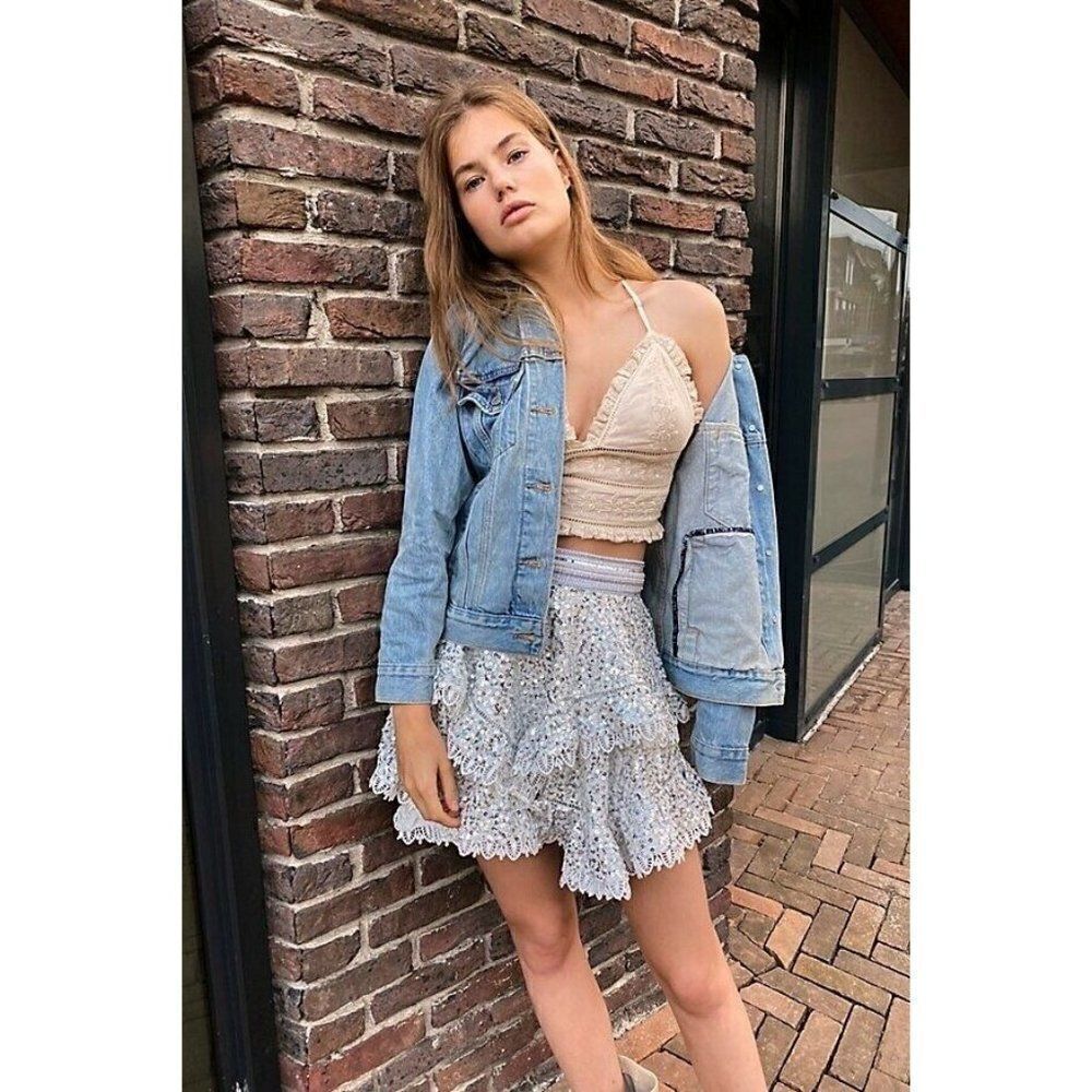 NWT FREE PEOPLE X IXIAH Sz M 6 ELYSIAN SEQUIN TIERED MINI SKIRT